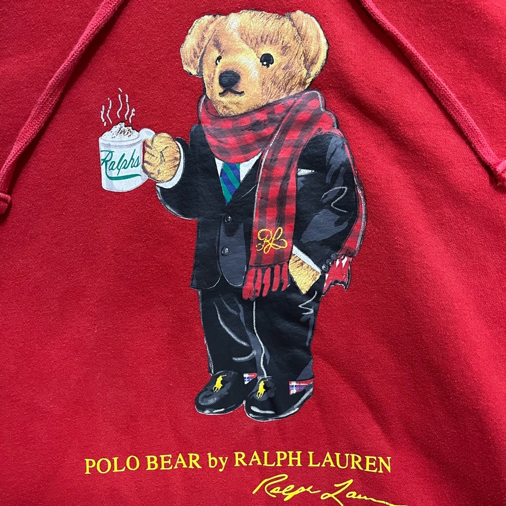 Polo Ralph Lauren Holiday Scarf Ralph’s Coffee Bear Red/Yellow Hoodie Size Large